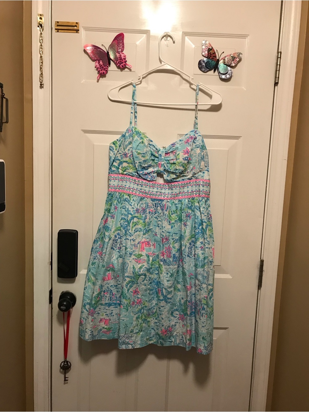 Lilly Pulitzer Blue Tropical Print Dress with Pink Trim